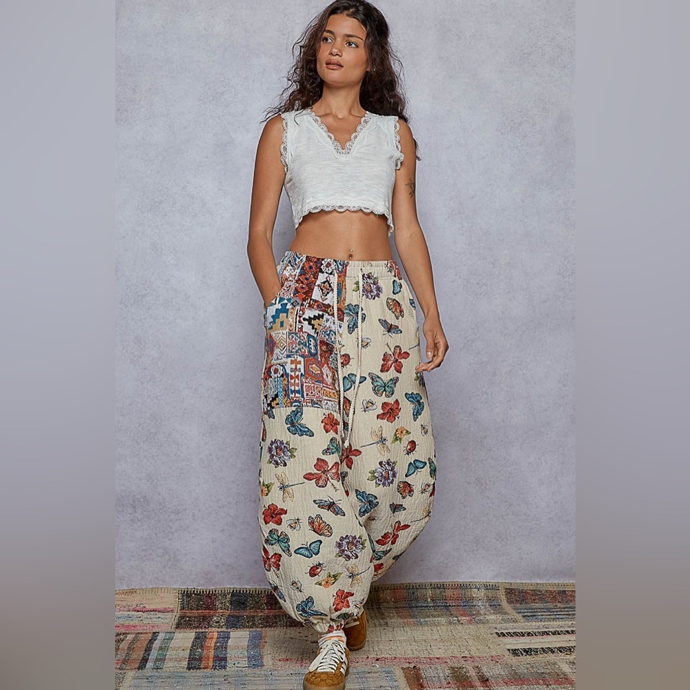 POL Cream Boho Butterfly Print Harem Pants
